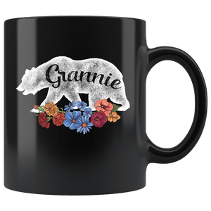 RobustCreative-Grannie Bear in Flowers Vintage Matching Family Pajama - Bear Family 11oz Funny Black Coffee Mug - Retro Family Camper Adventurer Hiker - Friends Gift - Both Sides Printed