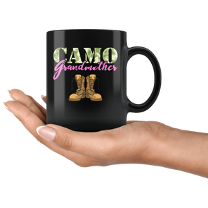 RobustCreative-Grandmother Military Boots Camo Hard Charger Camouflage - Military Family 11oz Black Mug Deployed Duty Forces support troops CONUS Gift Idea - Both Sides Printed
