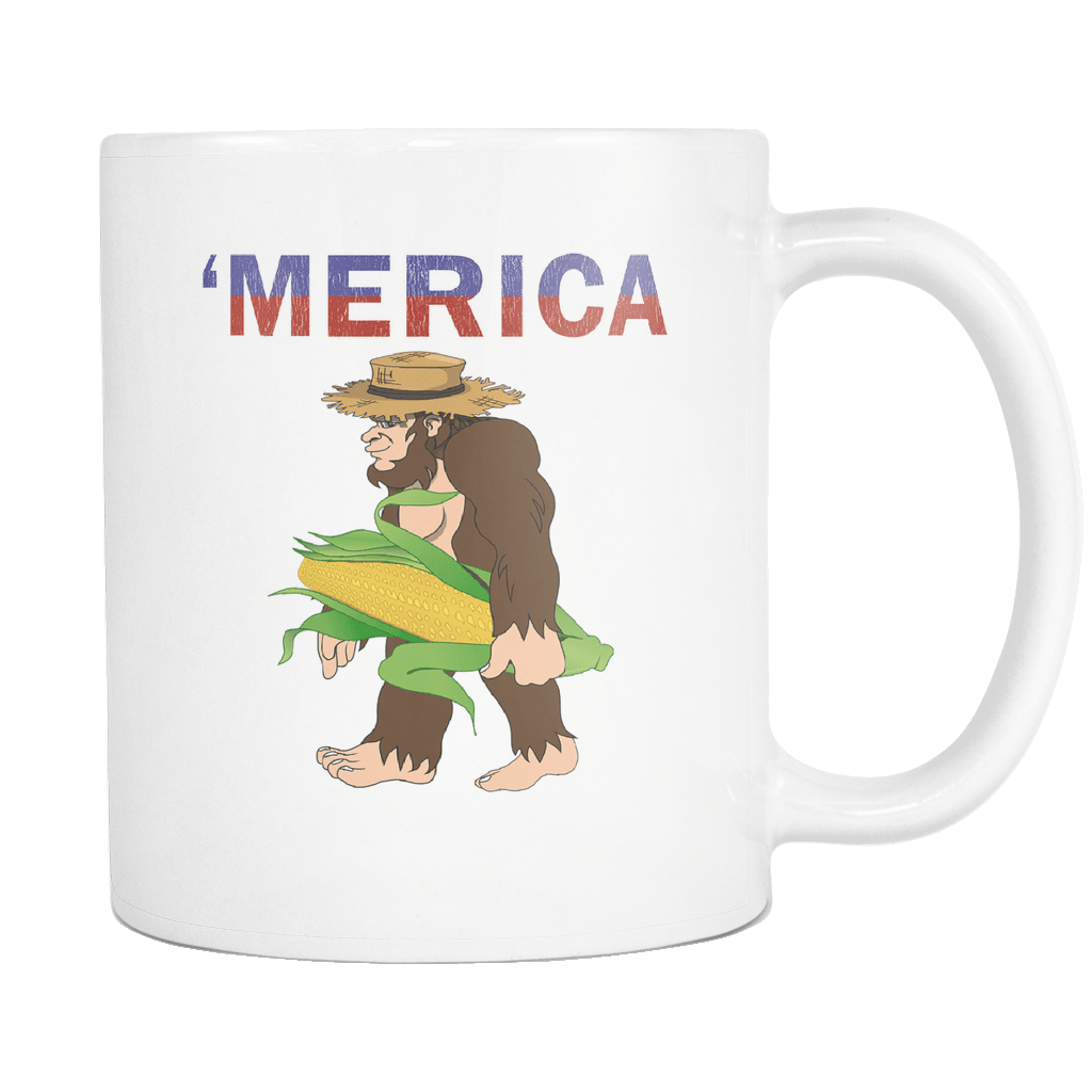 RobustCreative-Southern Bigfoot Sasquatch Corn - Merica 11oz Funny White Coffee Mug - American Flag 4th of July Independence Day - Women Men Friends Gift - Both Sides Printed (Distressed)