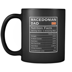 RobustCreative-Macedonian Dad, Nutrition Facts Fathers Day Hero Gift - Macedonian Pride 11oz Funny Black Coffee Mug - Real Macedonia Hero Papa National Heritage - Friends Gift - Both Sides Printed
