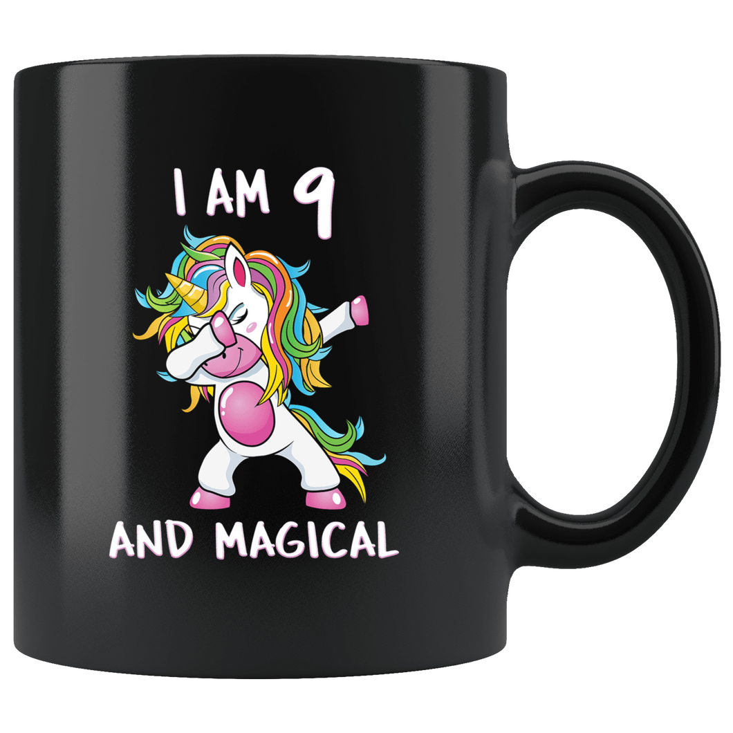 RobustCreative-I am 9 & Magical Unicorn birthday nine Years Old Black 11oz Mug Gift Idea
