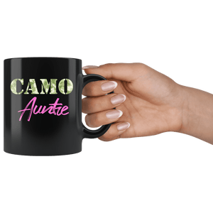 RobustCreative-Military Auntie Camo Camo Hard Charger Squared Away - Military Family 11oz Black Mug Retired or Deployed support troops Gift Idea - Both Sides Printed