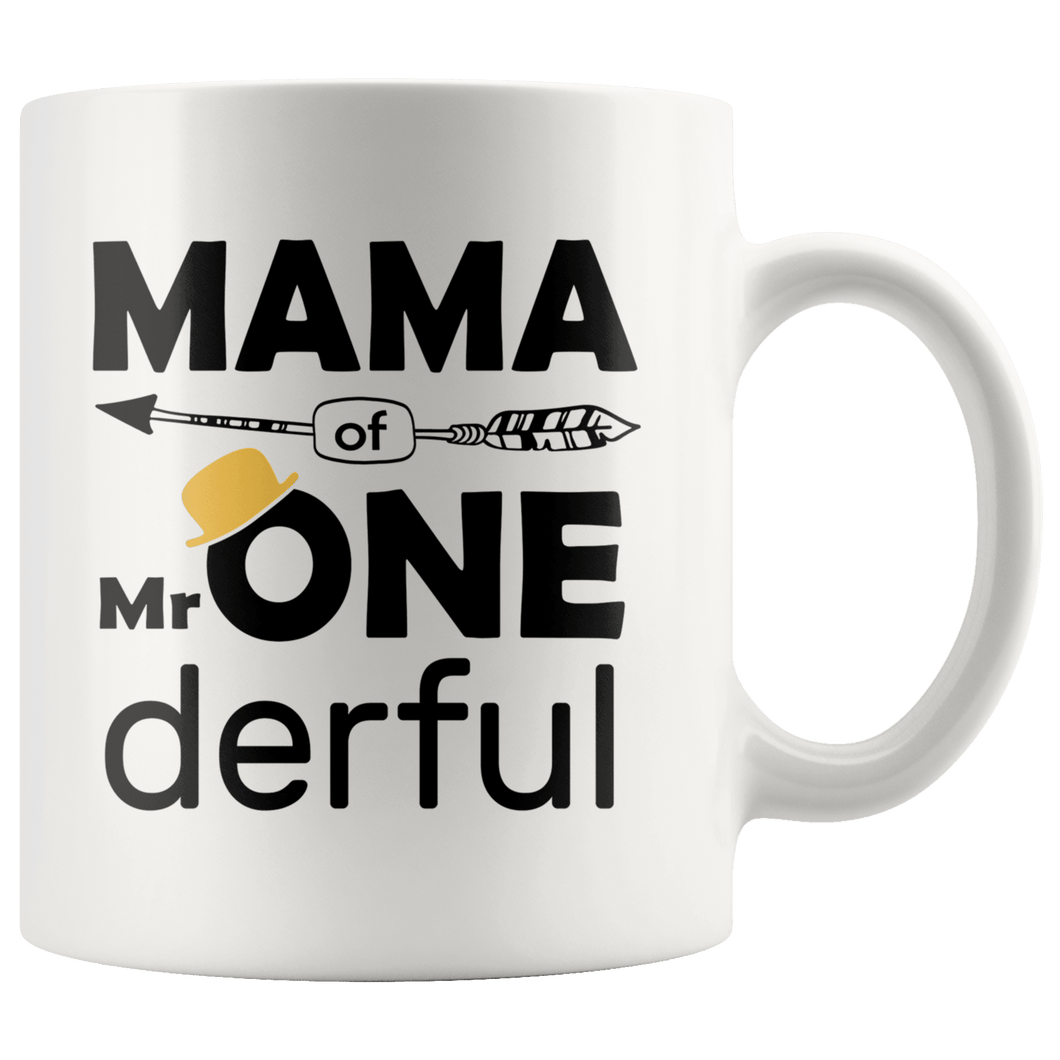 RobustCreative-Mama of Mr Onederful  1st Birthday Baby Boy Outfit White 11oz Mug Gift Idea