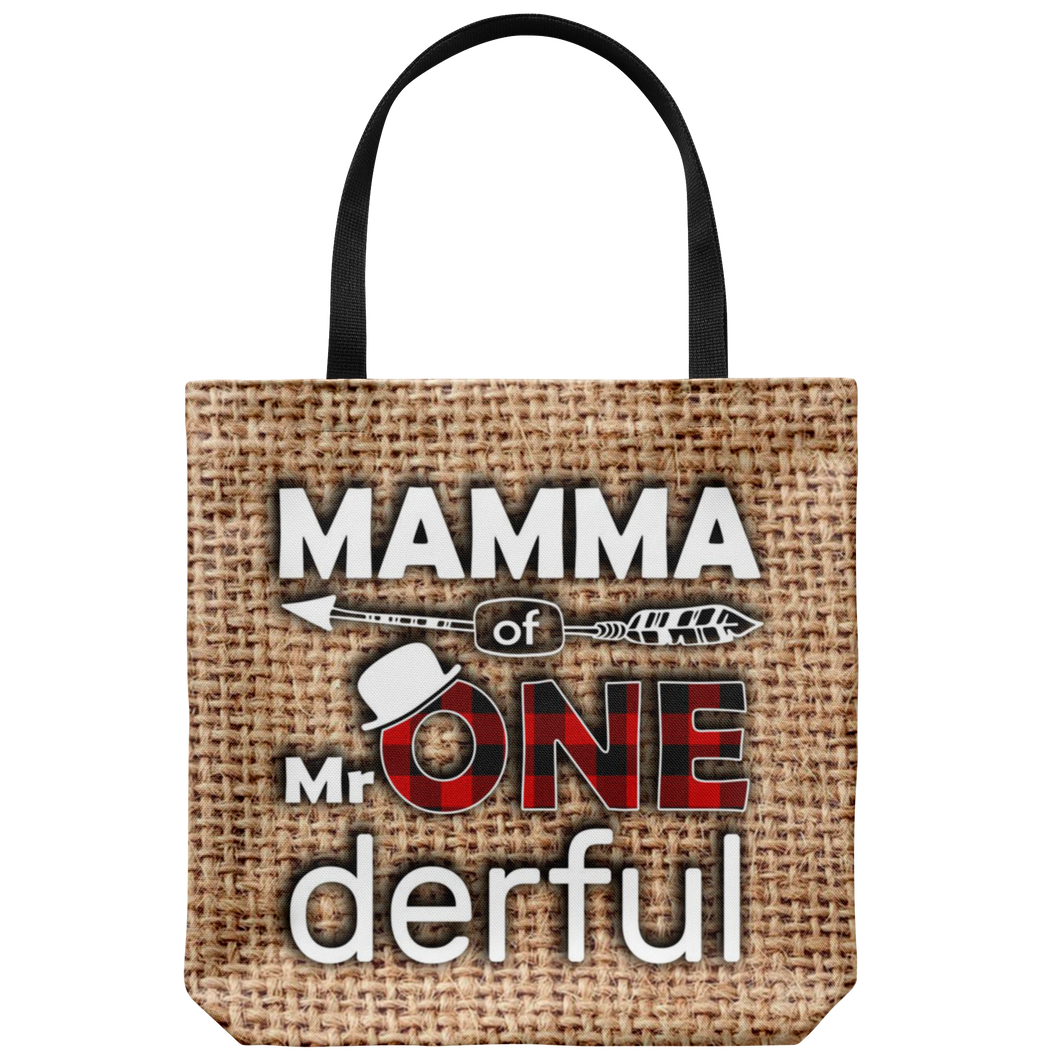 RobustCreative-Mamma of Mr Onederful  1st Birthday Boy Buffalo Plaid Tote Bag Gift Idea