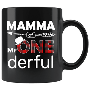 RobustCreative-Mamma of Mr Onederful  1st Birthday Buffalo Plaid Black 11oz Mug Gift Idea