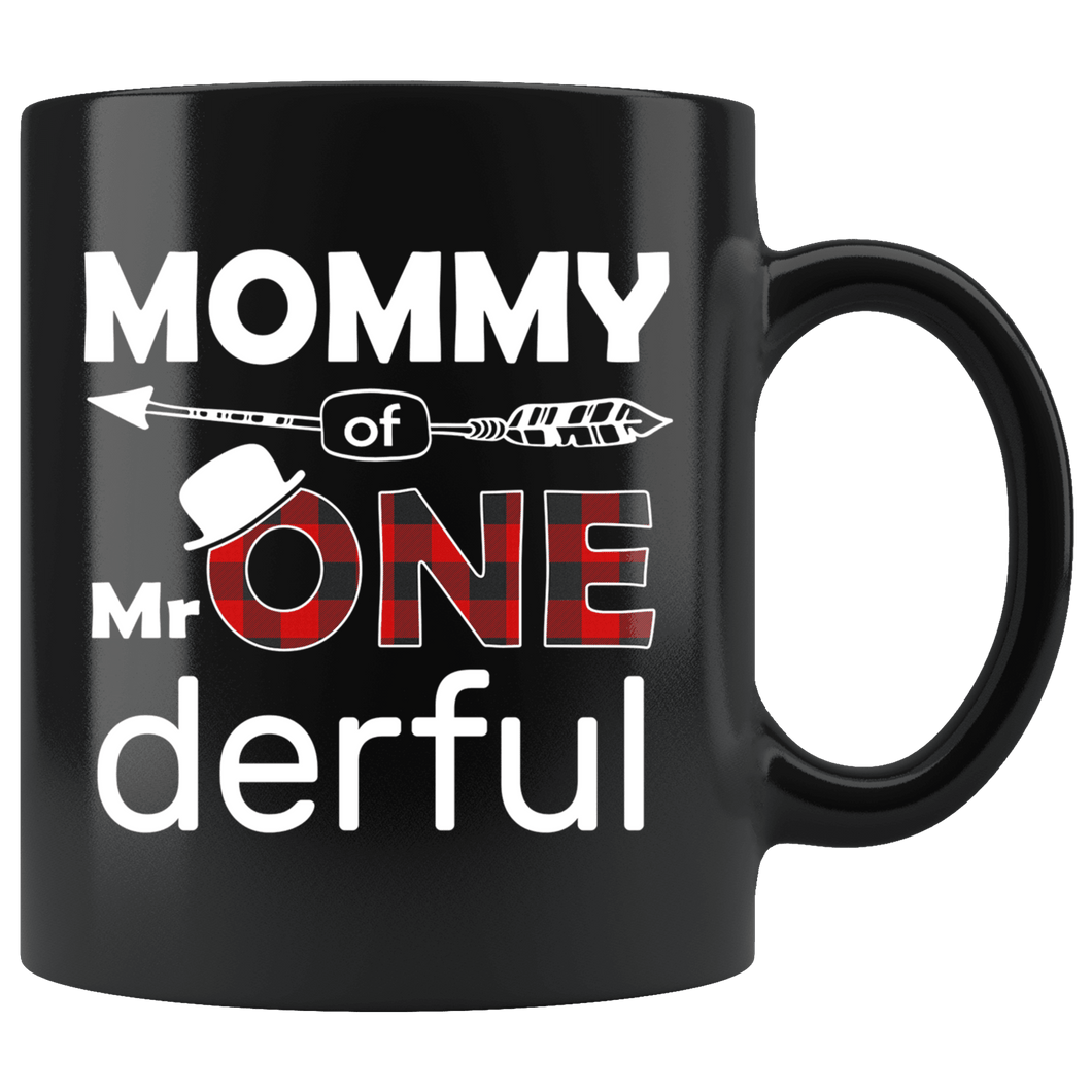 RobustCreative-Mommy of Mr Onederful  1st Birthday Buffalo Plaid Black 11oz Mug Gift Idea