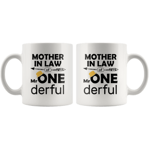 RobustCreative-Mother In Law of Mr Onederful  1st Birthday Baby Boy Outfit White 11oz Mug Gift Idea