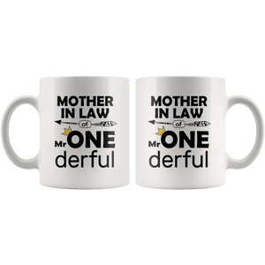 RobustCreative-Mother In Law of Mr Onederful Crown 1st Birthday Baby Boy Outfit White 11oz Mug Gift Idea