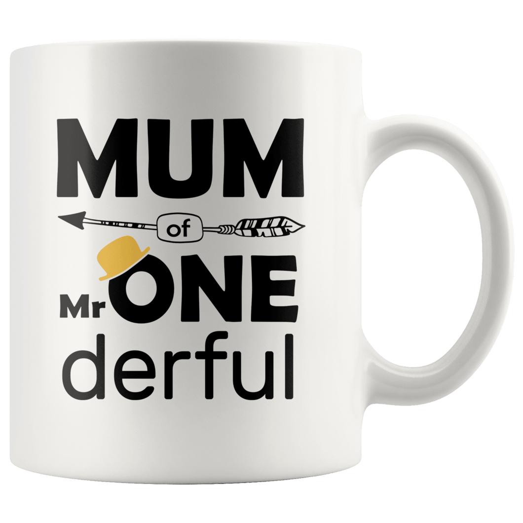 RobustCreative-Mum of Mr Onederful  1st Birthday Baby Boy Outfit White 11oz Mug Gift Idea
