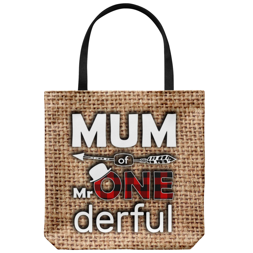 RobustCreative-Mum of Mr Onederful  1st Birthday Boy Buffalo Plaid Tote Bag Gift Idea