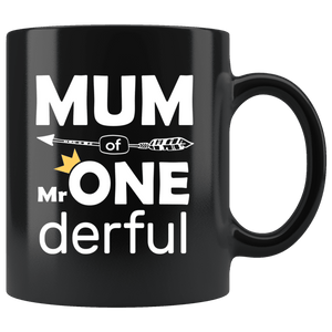 RobustCreative-Mum of Mr Onederful Crown 1st Birthday Baby Boy Outfit Black 11oz Mug Gift Idea