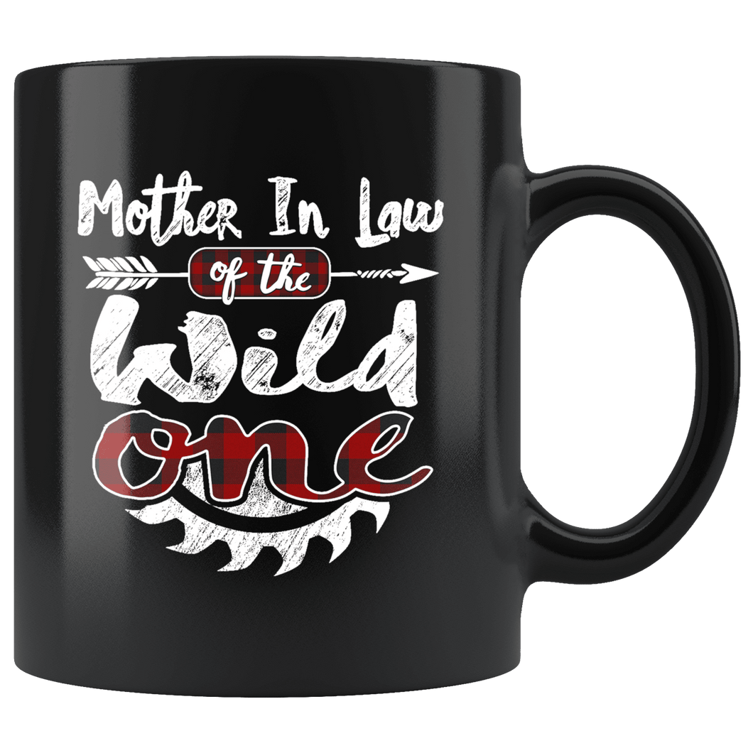 RobustCreative-Mother In Law of the Wild One Lumberjack Woodworker - 11oz Black Mug red black plaid Woodworking saw dust Gift Idea