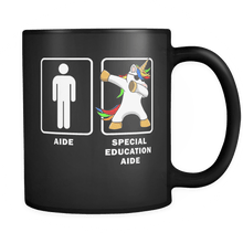 Load image into Gallery viewer, RobustCreative-Special Education Aide Dabbing Unicorn - Teacher Appreciation 11oz Funny Black Coffee Mug - Graduation First Last Day Teaching Students - Friends Gift - Both Sides Printed
