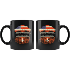 RobustCreative-Swiss Roots American Grown Fathers Day Gift - Swiss Pride 11oz Funny Black Coffee Mug - Real Switzerland Hero Flag Papa National Heritage - Friends Gift - Both Sides Printed