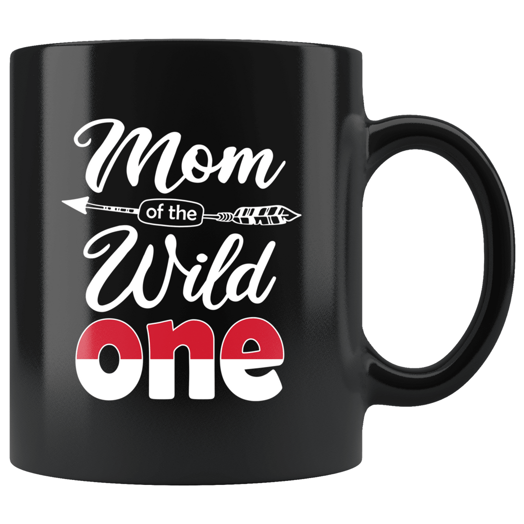 RobustCreative-Indonesian Mom of the Wild One Birthday Indonesia Flag Black 11oz Mug Gift Idea