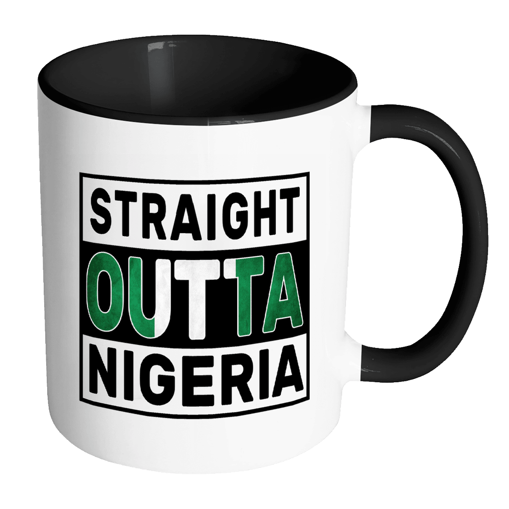 RobustCreative-Straight Outta Nigeria - Nigerian Flag 11oz Funny Black & White Coffee Mug - Independence Day Family Heritage - Women Men Friends Gift - Both Sides Printed (Distressed)