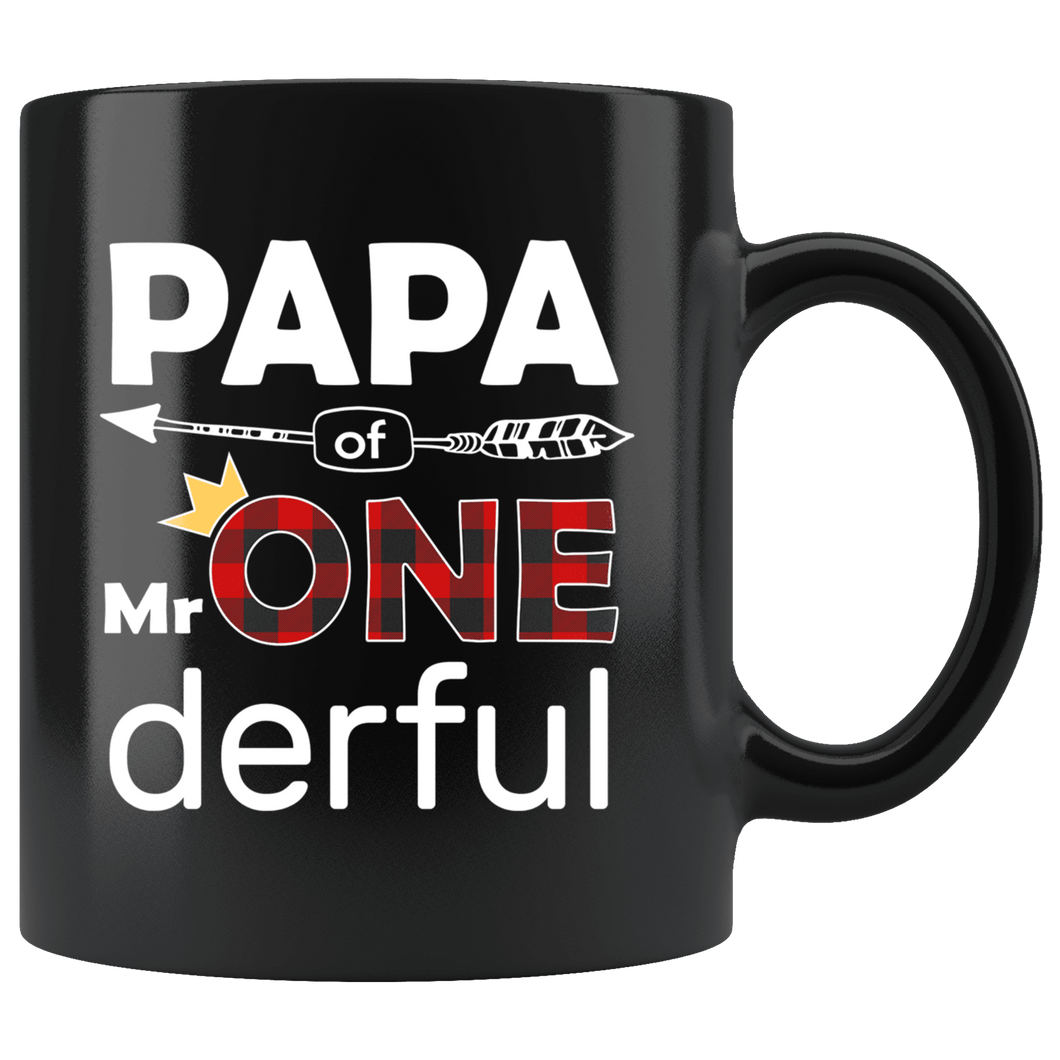 RobustCreative-Papa of Mr Onederful Crown 1st Birthday Buffalo Plaid Black 11oz Mug Gift Idea