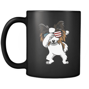 RobustCreative-Dabbing Papillon Dog America Flag - Patriotic Merica Murica Pride - 4th of July USA Independence Day - 11oz Black Funny Coffee Mug Women Men Friends Gift ~ Both Sides Printed
