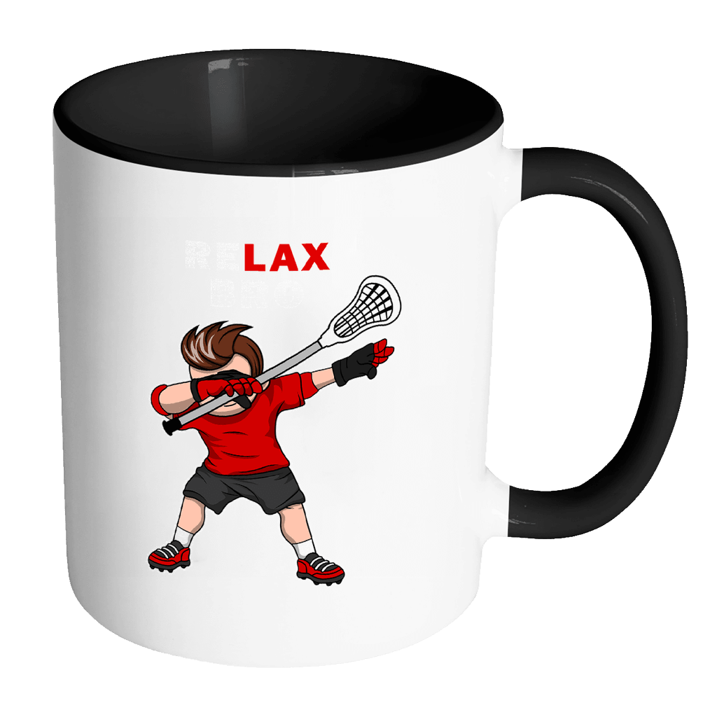 RobustCreative-ReLAX Bro Dabbing Lacrosse - reLAX Lacrosse 11oz Funny Black & White Coffee Mug - Stick & Ball Carry Pass Catch - Women Men Friends Gift - Both Sides Printed (Distressed)