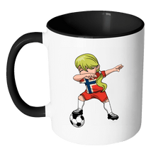 Load image into Gallery viewer, RobustCreative-Norwegian Dabbing Soccer Girl - Soccer Pride - Norway Flag Gift Norway Football Gift - 11oz Black &amp; White Funny Coffee Mug Women Men Friends Gift ~ Both Sides Printed
