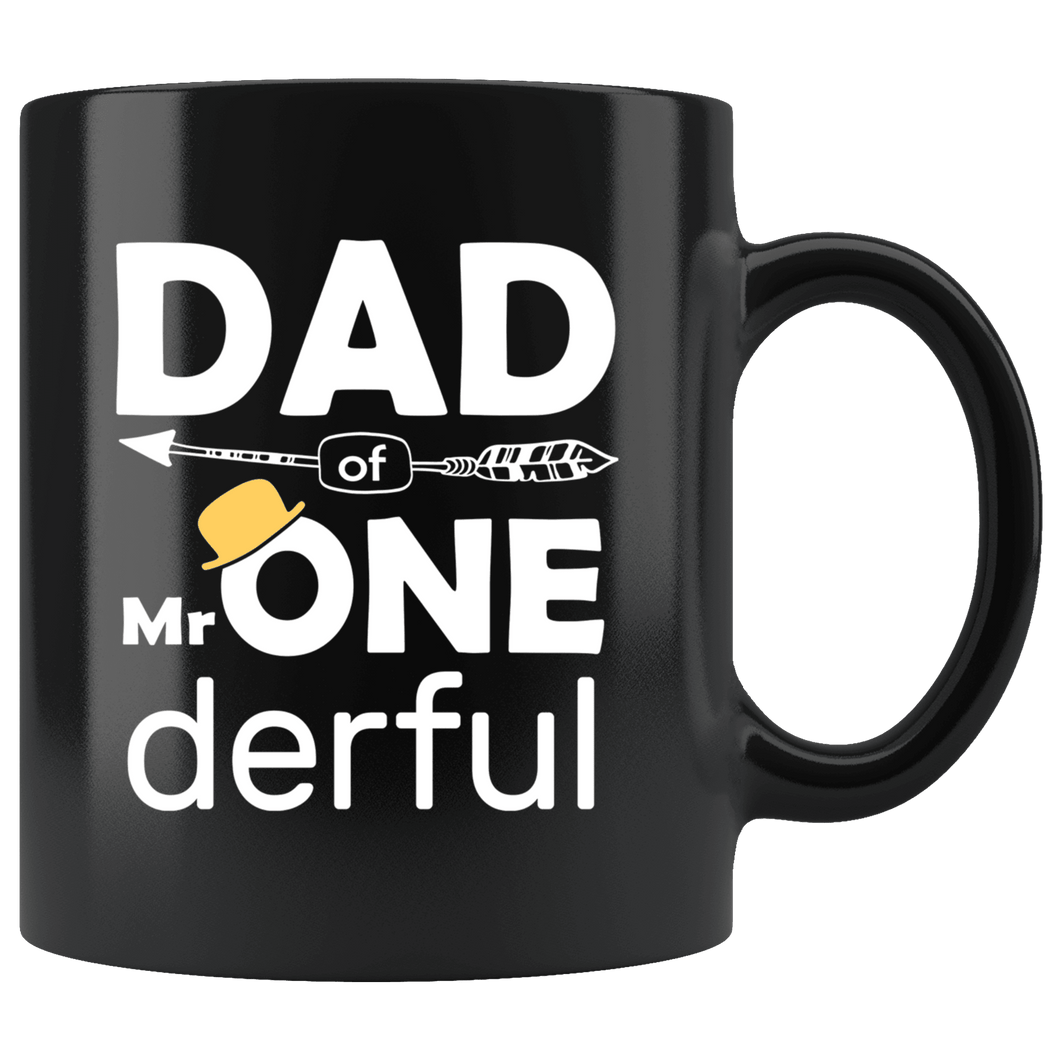 RobustCreative-Dad of Mr Onederful  1st Birthday Baby Boy Outfit Black 11oz Mug Gift Idea