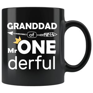RobustCreative-Granddad of Mr Onederful Crown 1st Birthday Baby Boy Outfit Black 11oz Mug Gift Idea