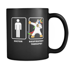 Load image into Gallery viewer, RobustCreative-Respiratory Therapist VS Doctor Dabbing Unicorn - Legendary Healthcare 11oz Funny Black Coffee Mug - Medical Graduation Degree - Friends Gift - Both Sides Printed
