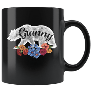 RobustCreative-Granny Bear in Flowers Vintage Matching Family Pajama - Bear Family 11oz Funny Black Coffee Mug - Retro Family Camper Adventurer Hiker - Friends Gift - Both Sides Printed