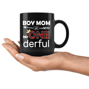 RobustCreative-Boy Mom of Mr Onederful Crown 1st Birthday Buffalo Plaid Black 11oz Mug Gift Idea