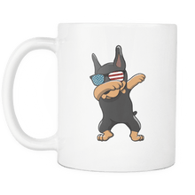 Load image into Gallery viewer, RobustCreative-Dabbing Doberman Pinscher Dog America Flag - Patriotic Merica Murica Pride - 4th of July USA Independence Day - 11oz White Funny Coffee Mug Women Men Friends Gift ~ Both Sides Printed
