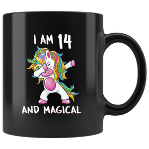 RobustCreative-I am 14 & Magical Unicorn birthday fourn Years Old ph1 Black 11oz Mug Gift Idea