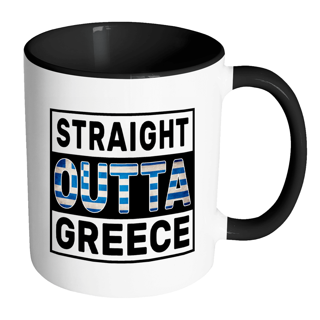 RobustCreative-Straight Outta Greece - Greek Flag 11oz Funny Black & White Coffee Mug - Independence Day Family Heritage - Women Men Friends Gift - Both Sides Printed (Distressed)