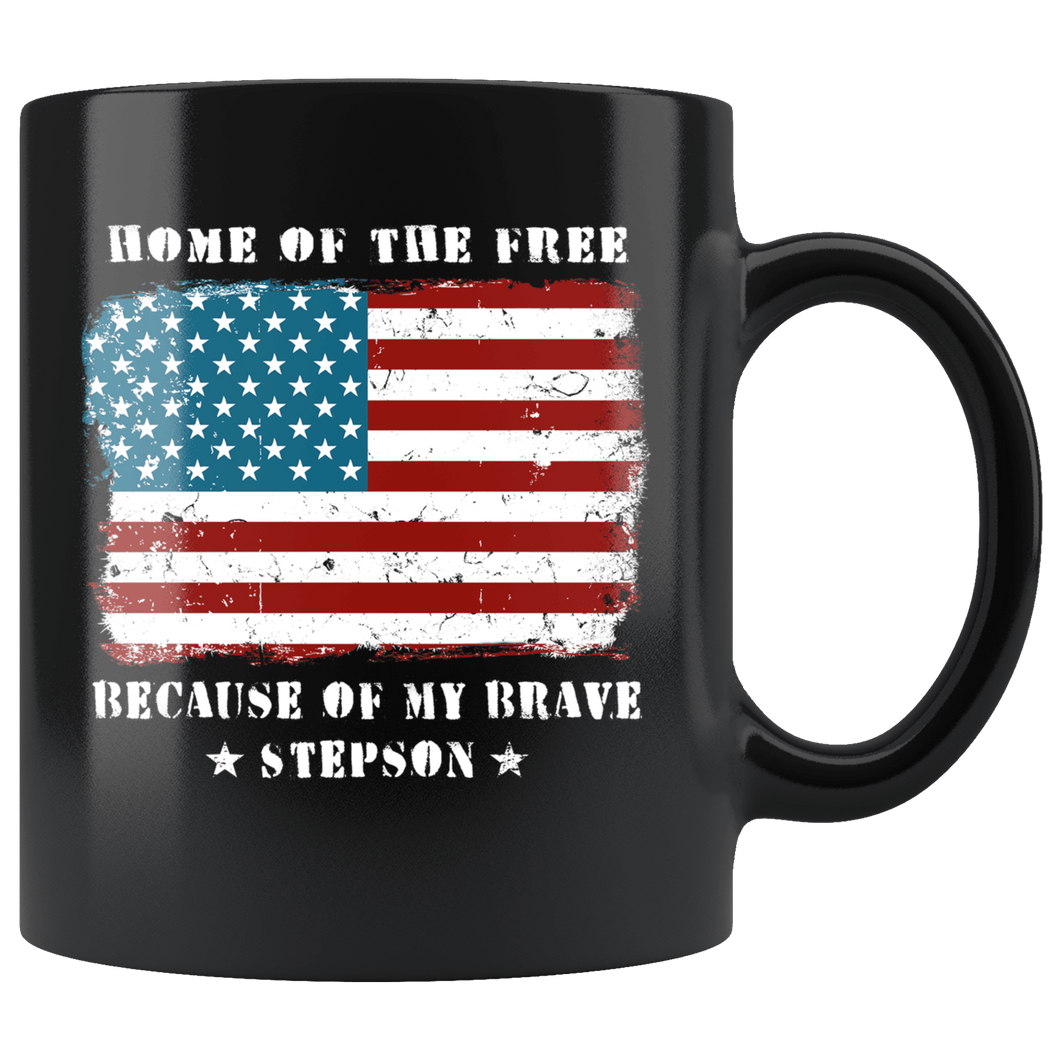 RobustCreative-Home of the Free Stepson Military Family American Flag - Military Family 11oz Black Mug Retired or Deployed support troops Gift Idea - Both Sides Printed