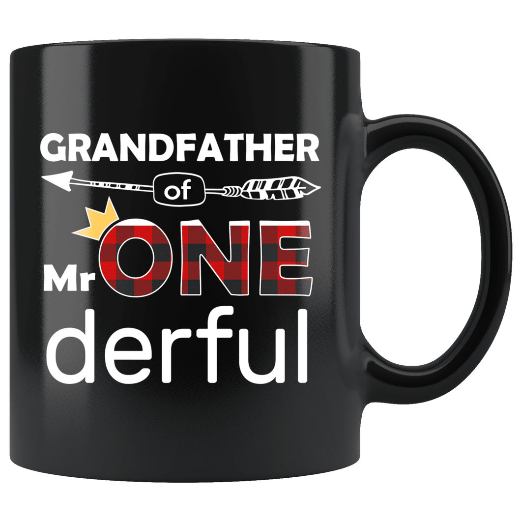 RobustCreative-Grandfather of Mr Onederful Crown 1st Birthday Buffalo Plaid Black 11oz Mug Gift Idea