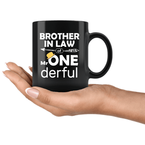 RobustCreative-Brother In Law of Mr Onederful  1st Birthday Baby Boy Outfit Black 11oz Mug Gift Idea