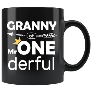 RobustCreative-Granny of Mr Onederful Crown 1st Birthday Baby Boy Outfit Black 11oz Mug Gift Idea