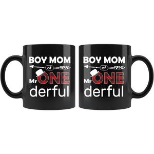 RobustCreative-Boy Mom of Mr Onederful  1st Birthday Buffalo Plaid Black 11oz Mug Gift Idea