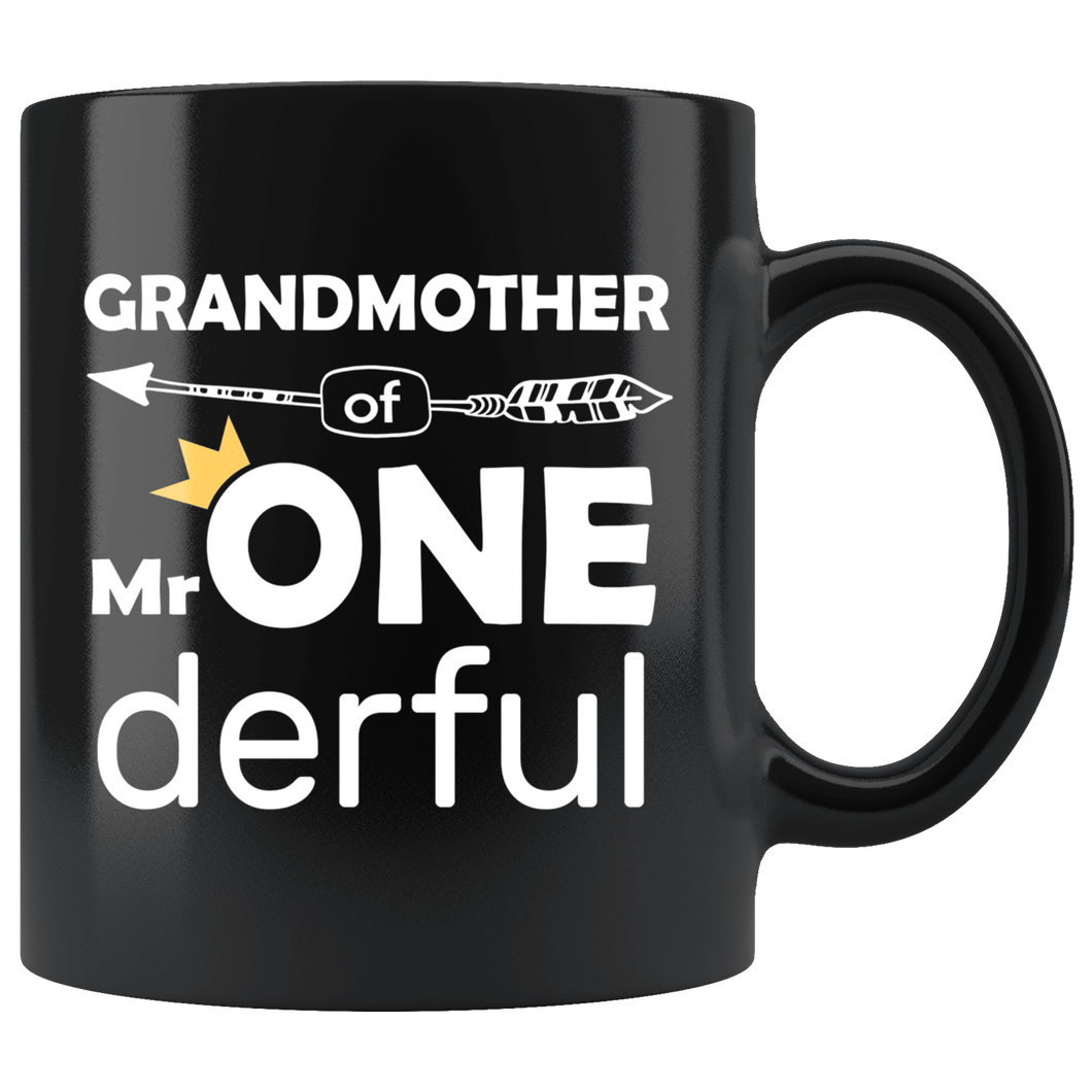 RobustCreative-Grandmother of Mr Onederful Crown 1st Birthday Baby Boy Outfit Black 11oz Mug Gift Idea