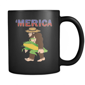 RobustCreative-Southern Bigfoot Sasquatch Corn - Merica 11oz Funny Black Coffee Mug - American Flag 4th of July Independence Day - Women Men Friends Gift - Both Sides Printed (Distressed)