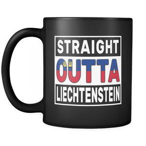 RobustCreative-Straight Outta Liechtenstein - Liechtensteiner Flag 11oz Funny Black Coffee Mug - Independence Day Family Heritage - Women Men Friends Gift - Both Sides Printed (Distressed)