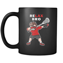 Load image into Gallery viewer, RobustCreative-ReLAX Bro Dabbing Lacrosse - reLAX Lacrosse 11oz Funny Black Coffee Mug - Stick &amp; Ball Carry Pass Catch - Women Men Friends Gift - Both Sides Printed (Distressed)
