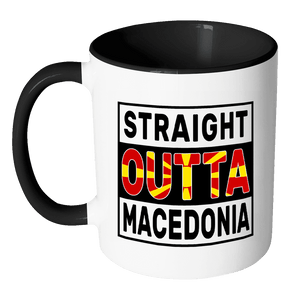 RobustCreative-Straight Outta Macedonia - Macedonian Flag 11oz Funny Black & White Coffee Mug - Independence Day Family Heritage - Women Men Friends Gift - Both Sides Printed (Distressed)