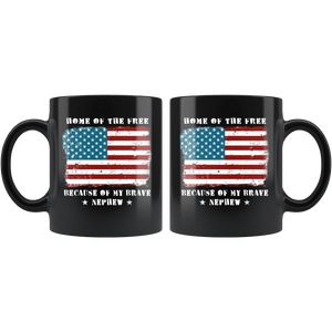 RobustCreative-Home of the Free Nephew Military Family American Flag - Military Family 11oz Black Mug Retired or Deployed support troops Gift Idea - Both Sides Printed